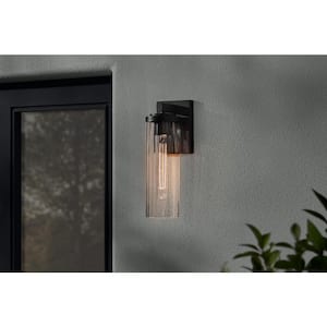 Bannack 14 in. 1-Light Black Outdoor Wall Light Fixture with Clear Cylinder Glass