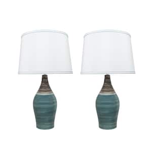 27-1/2 in. Brown and Blue Ceramic Table Lamp with Hardback Empire Shaped Lamp Shade in White (2-Pack)