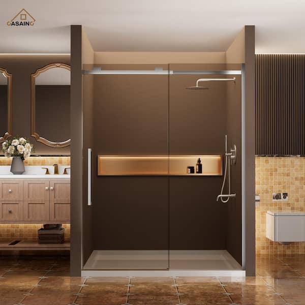 CASAINC 60 in. W x 76 in. H Sliding Frameless Shower Door in Chrome Finish with 3/8 in.(10 mm) Tempered Clear Glass