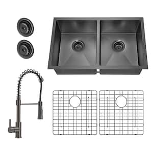 Gunmetal Black Stainless Steel 31 in. 18-Gauge Undermount Double Bowl Kitchen Sink with Black Spring Neck Faucet