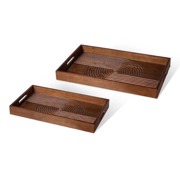 Glitzhome Rectangle Brown Rubber Wood Abstract Trays with Handles (Set of 2）
