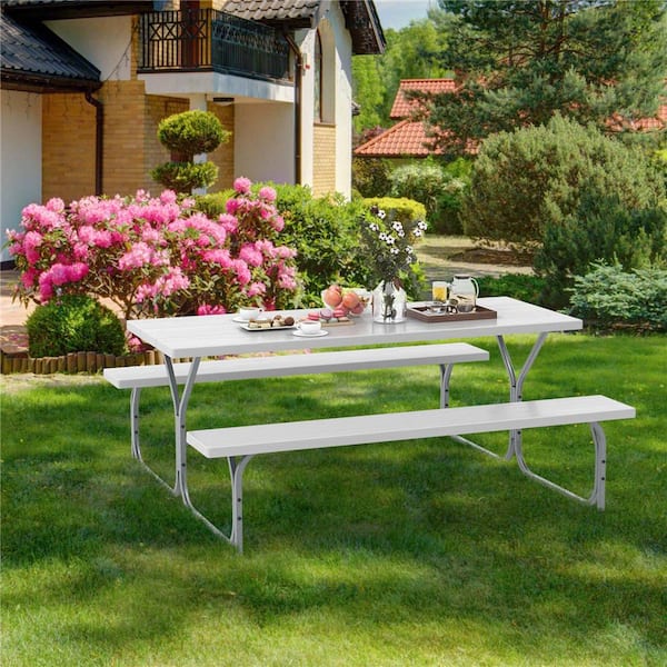 72 in. White Rectangle Metal Picnic Tables Seats 8-People with Umbrella Hole