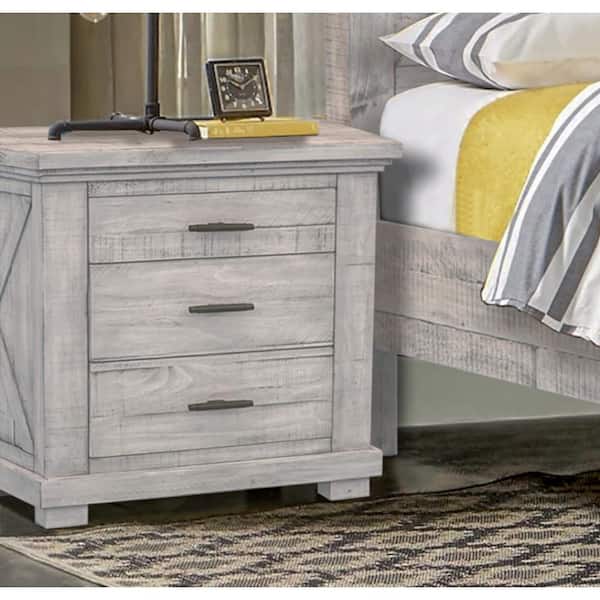 AndMakers Crossing Barn 3-Drawer Distressed Light Gray Nightstand 28 in. H x 27 in. W x 19 in. D