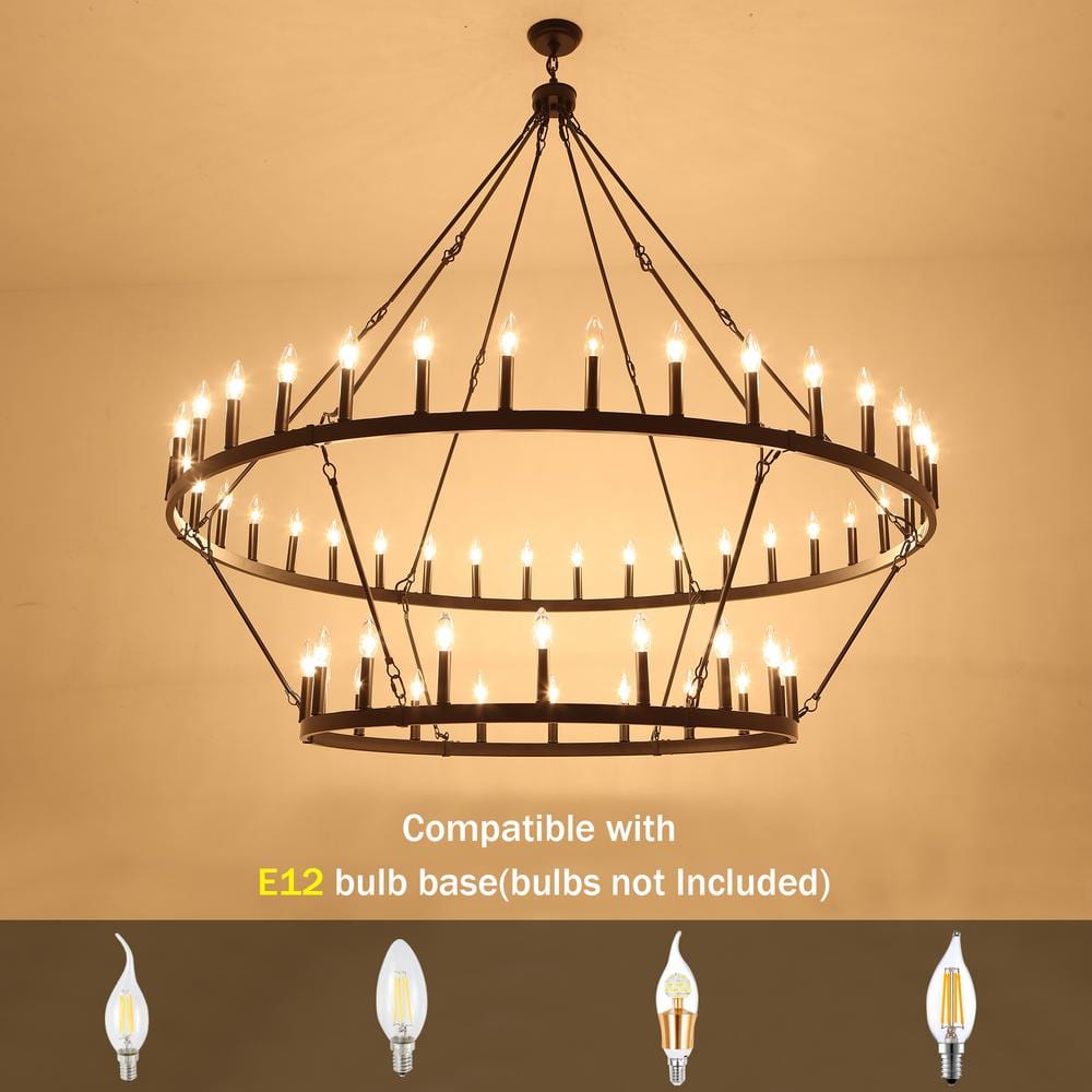 60-Inch Matte Black 2-Tier Wagon Wheel Chandelier with 54 Candle Lights