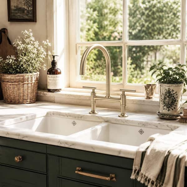 Double-Handle Bridge Kitchen Faucet with 360° Swivel Spout and Solid Brass Construction in Brushed Gold