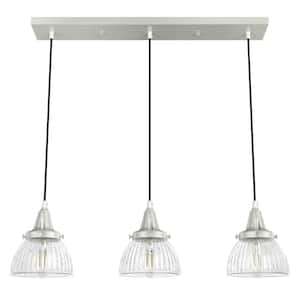 Cypress Grove 3 Light Brushed Nickel Island Chandelier with Clear Holophane Glass Shades Kitchen Light