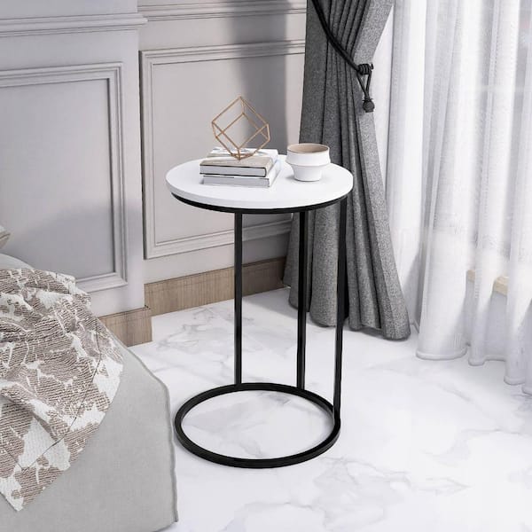 RiteSune 15.75 in. White Marble Top C Shaped End Table with Black Iron Frame