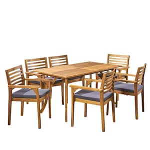 Casa 30 in. Teak Brown 7-Piece Wood Rectangular Outdoor Dining Set with Dark Grey Cushions