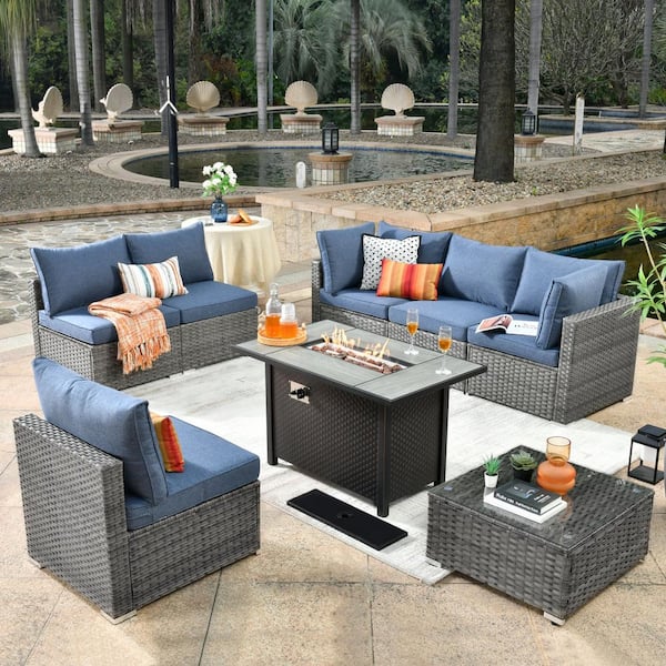 HOOOWOOO Messi Gray 8-Piece Wicker Outdoor Patio Conversation Sectional Sofa Set with a Metal Fire Pit and Denim Blue Cushions