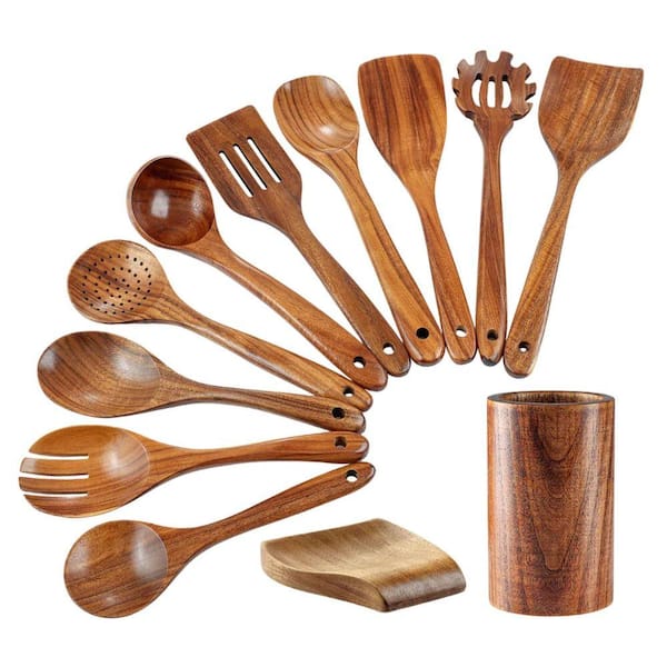 12-Piece Teak Wooden Cooking Utensil Set – Nonstick Safe Wooden Spoons with Gift Box for Kitchen