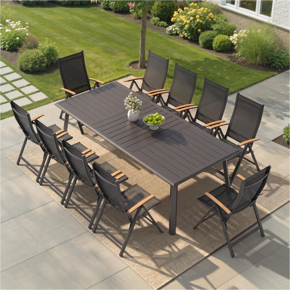 Aluminum 11-Piece Outdoor Dining Set 10-Folding Chairs with Adjustable Backrest 93.9-inch Rectangular Dining Table Black price history on PriceWatchPro