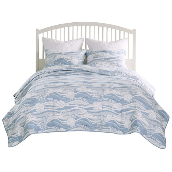 Marina 3-Piece Coastal Tidal Blue Polyester Full/Queen Quilt Set