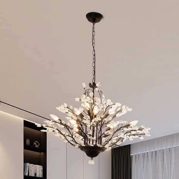 12-Light 33 in. Black Crystal Modern Tiered Dimmable Chandeliers Dining Kitchen Ceiling Lights Foyer Bedroom Lighting