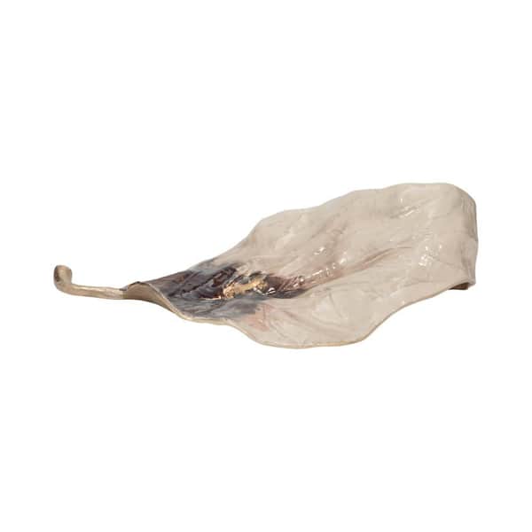 Liv & Skye Ivory 20 in. x 12 in. Metal Modern 2-Tone Leaf-Shaped Decorative Tray