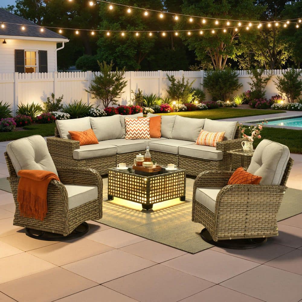 TobestV 9-Piece Wicker Outdoor Patio Sectional Set with Swivel Chairs and Solar Light Table, Gray Cushions price history on PriceWatchPro