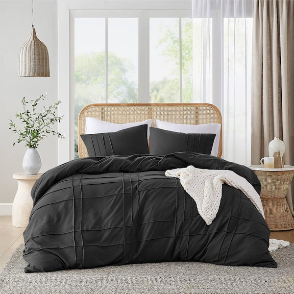 510 Design Porter 3-Piece Black Microfiber King Soft Washed Pleated Duvet Cover Set