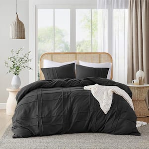 Porter 3-Piece Black Microfiber King Soft Washed Pleated Duvet Cover Set