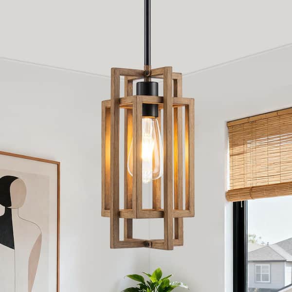 ZSMIHDOH 1-Light Farmhouse Metal Wood Grain Geometric Pendant Light for Kitchen Island
