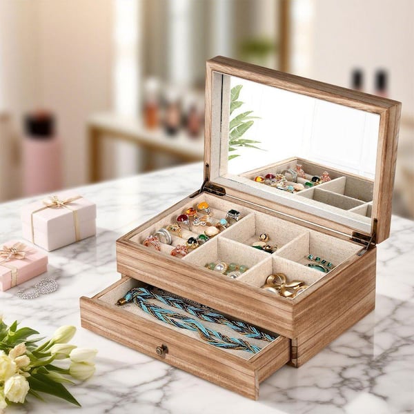 Carbonized Brown 2 Layer Rectangular Rustic Wooden Jewelry Box