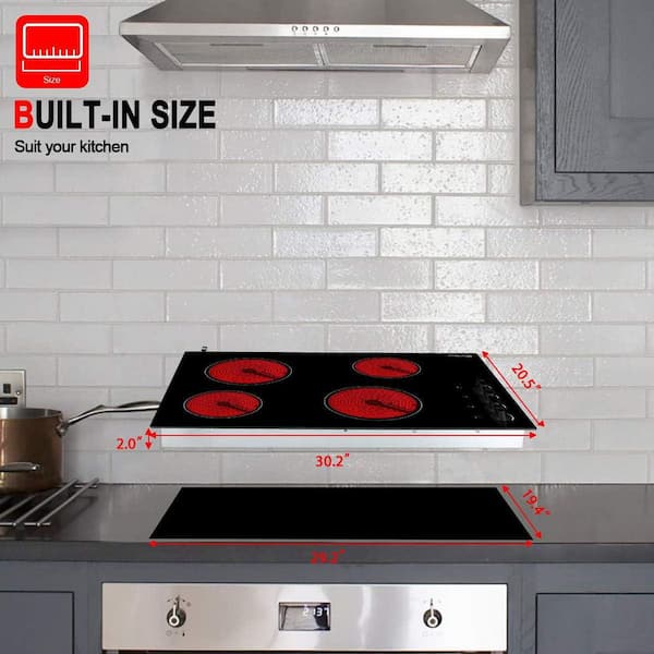 30 in. Radiant Electric Cooktop with Knob and 4-Elements, Built-In Ceramic Glass in Black