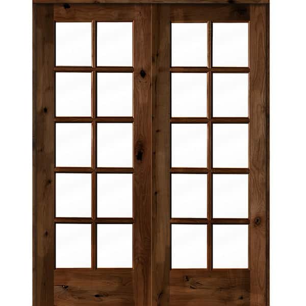 Krosswood Doors 64 in. x 80 in. Knotty Alder Universal/Reversible 10-Lite Clear Glass Provincial Stain Wood Double Prehung French Door