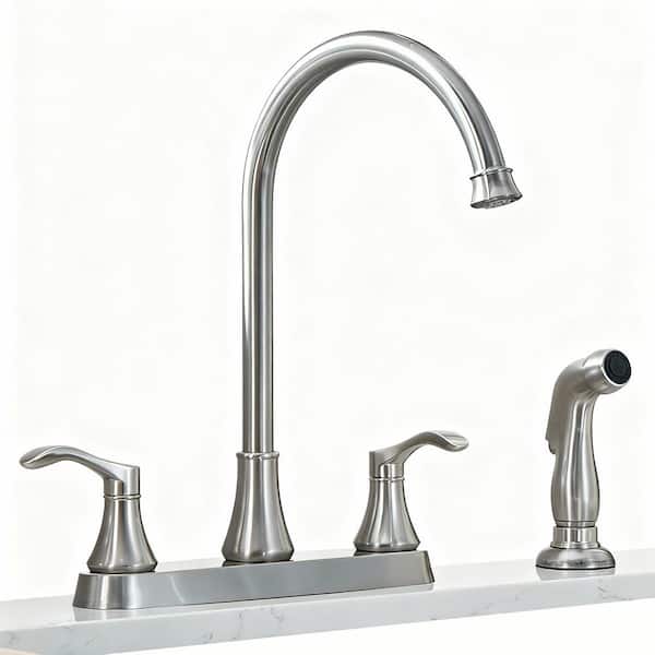 Double Handles 4 Holes Standard Kitchen Faucet Sink With Side Sprayer in Brushed Nickel