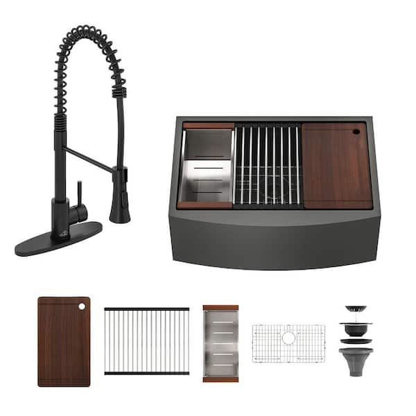 CASAINC 33 in. Farmhouse/Apron-Front Single Bowl Nano PVD Gunmetal Black Stainless Steel Workstation Kitchen Sink with Faucet