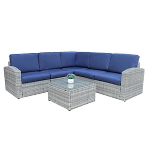 Gray 6 Pieces Wicker Patio Conversation Sectional Seating Set with Blue Cushions