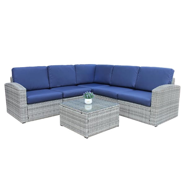 GOSHADOW Gray 6 Pieces Wicker Patio Conversation Sectional Seating Set with Blue Cushions