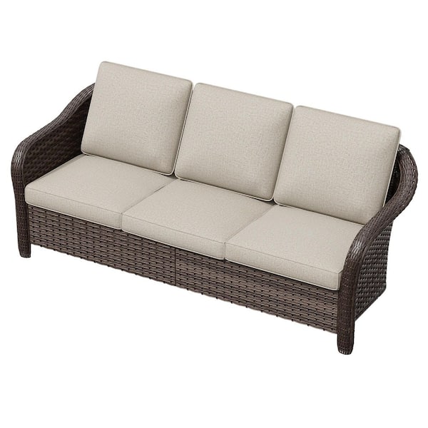 3-Seat Brown Wicker Outdoor Couch Patio Sofa with Thick Beige Cushions
