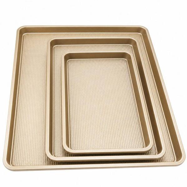 Premium Rustproof Nonstick Heavy Duty Gold 3-Piece Carbon Steel Baking Sheet Pan Set for Baking Supplies