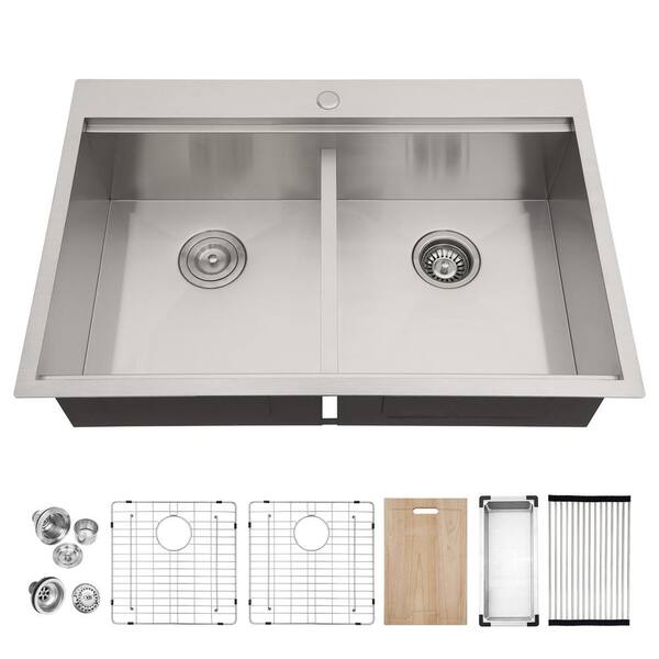 Sarlai 33 In Drop In Top Mount Double Bowl 50 50 18 Gauge Stainless