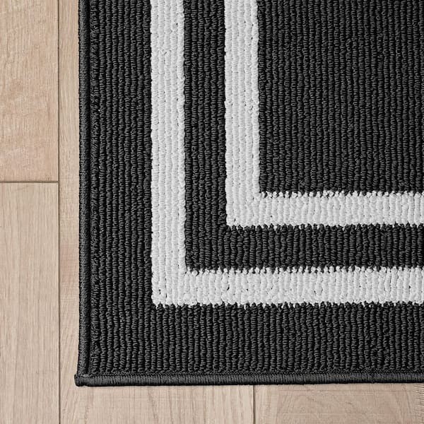 Washable Skid Resistant Dark Grey/White 2.2 ft. x 5 ft. All Loop Tufted Area Rug