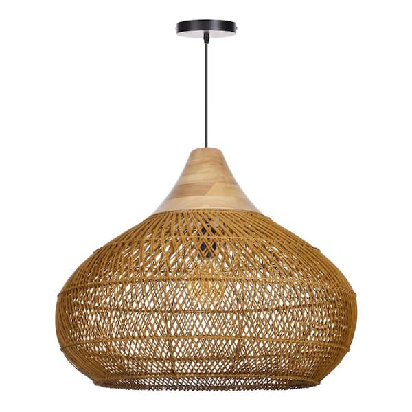 60-Watt 1 Light Brown Woven Rattan Pear-Shaped Pendant Light with Solid Wood Accent, No Bulbs Included, 24 in.