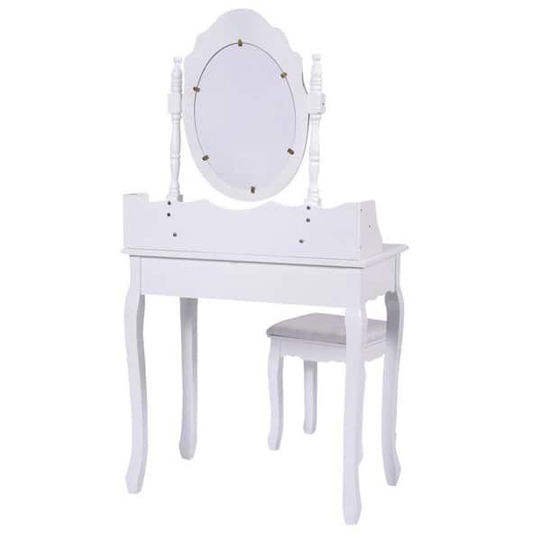 FORCLOVER 3-Drawer White Dressing Vanity Set with Rotatable Oval Mirror and Padded Stool
