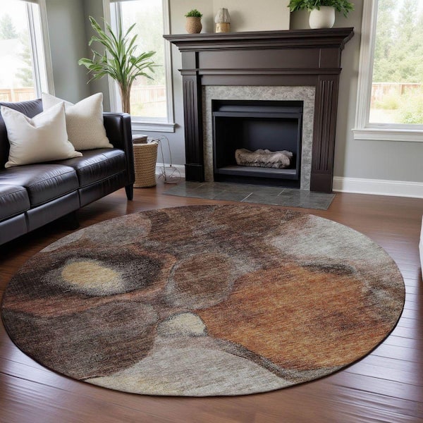 Mayfield Premium Machine Washable Abstract AMF1177 Coffee 8 ft. x 8 ft. Round Rug