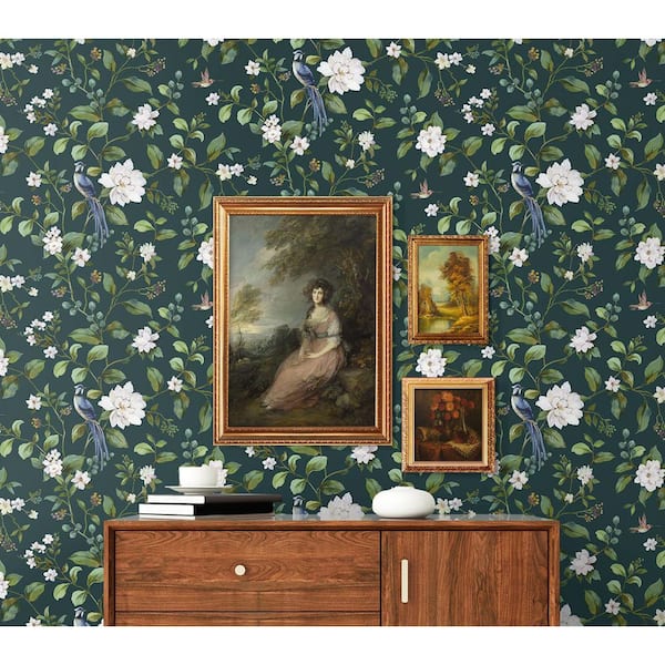 30.75 sq. ft. Teal Chinoiserie Bird Vine Premium Matte Non-Woven Paper Peel and Stick Wallpaper Roll