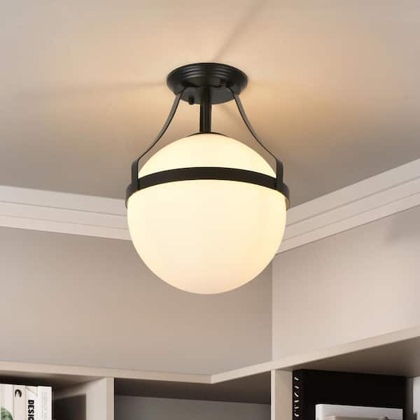 GoYeel 10.43 in. 1-Light Black Industrial Semi-Flush Mount Ceiling light with White Globe Glass Shade