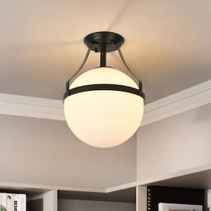10.43 in. 1-Light Black Industrial Semi-Flush Mount Ceiling light with White Globe Glass Shade