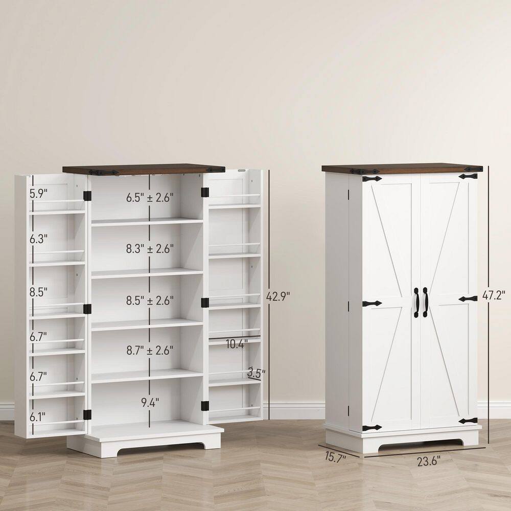 White Farmhouse Kitchen Pantry Cabinet with LED Light and Adjustable Shelves