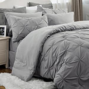 King Size Comforter Set 7 Pieces, Pintuck Bed in a Bag with Comforter, Bed Sheet, Pillowcases and Sham, Grey Bed Set