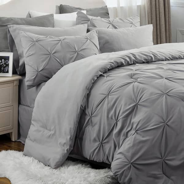 Afoxsos King Size Comforter Set 7 Pieces, Pintuck Bed in a Bag with Comforter, Bed Sheet, Pillowcases and Sham, Grey Bed Set