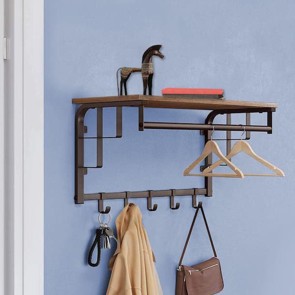 Set of 2 Coat Hooks Wall Mount with Shelf 26inch Rustic Wood Coat Rack with  5 Dual Metal Hooks