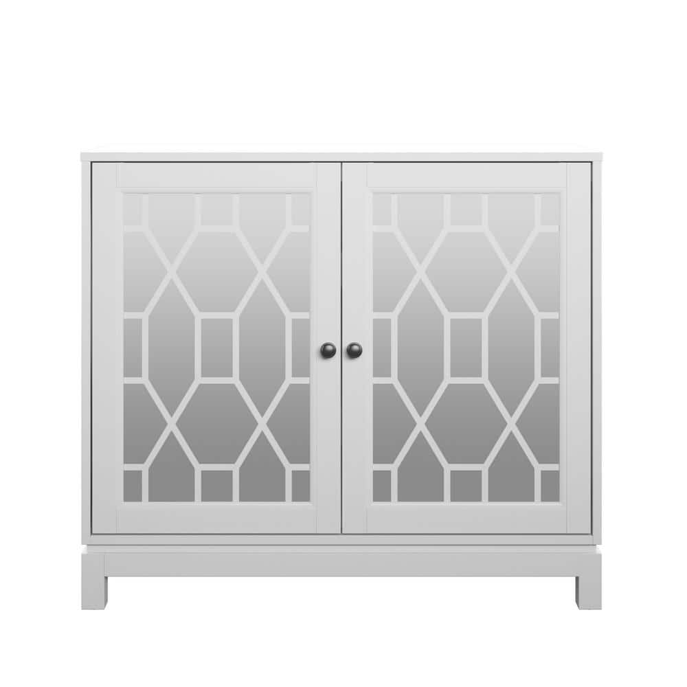 White Accent Cabinet with Mirrored Doors and USB Charging Ports