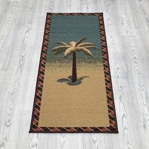 Sara Collection Non-Slip Rubberback Tropical Palm Tree 2x5 Kitchen Runner Rug, 1 ft. 8 in. x 4 ft. 11 in., Beige/Teal