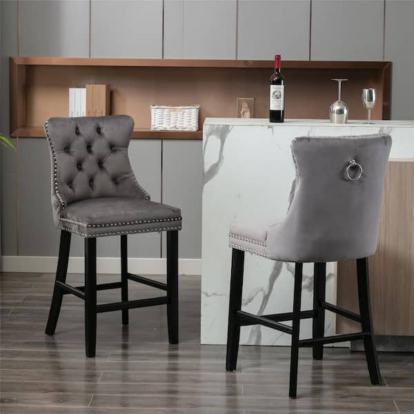 Noble House Jilla 27.2 in. Gray High Back Rubber Wood Button-Tufted Bar Stools with Upholstered Velvet Seat, Nailhead Trim, Set of 2