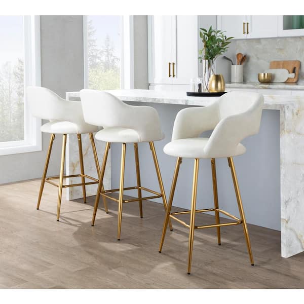 LumiSource Margarite 25.25 in. Cream Faux Leather and Gold Metal Fixed-Height Counter Stool with Square Footrest (Set of 2)