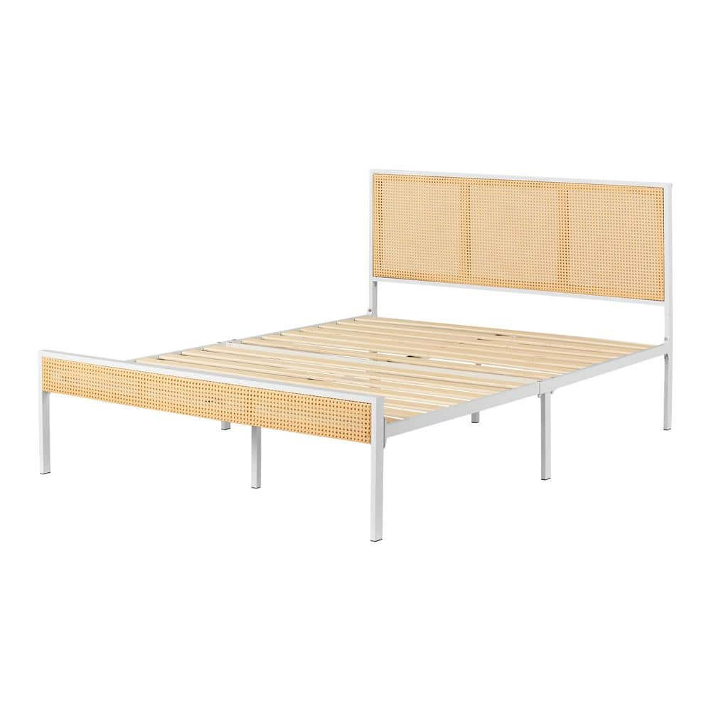 South Shore Hoya Metal Platform Bed with Natural Cane, White and Natural