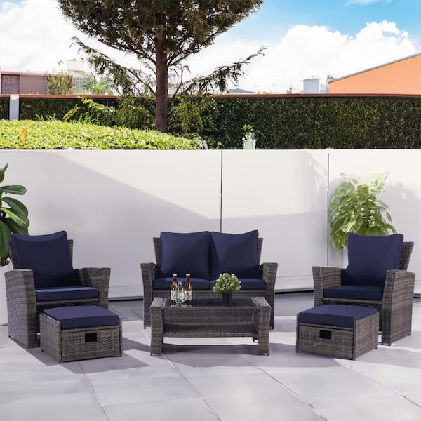 SANSTAR 6-Piece Wicker Patio Conversation Set Rattan Seating Set Loveseat Sofa with 2 Ottomans, Navy Blue Cushion