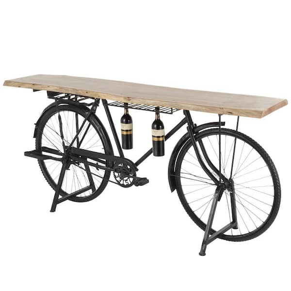 Black Replica Bike Bar with Live Edge Brown Wood Top and Bottle Holder Slots
